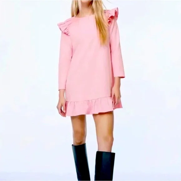 ZARA Bubblegum Pink Ruffle Hem & Shoulders Mini Dress Long Sleeve Sz L - Picture 1 of 16